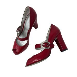 Red Patent Leather Heels Pumps Enzo Angiolini Peep Toe Pin Up Twee Glam Size 6